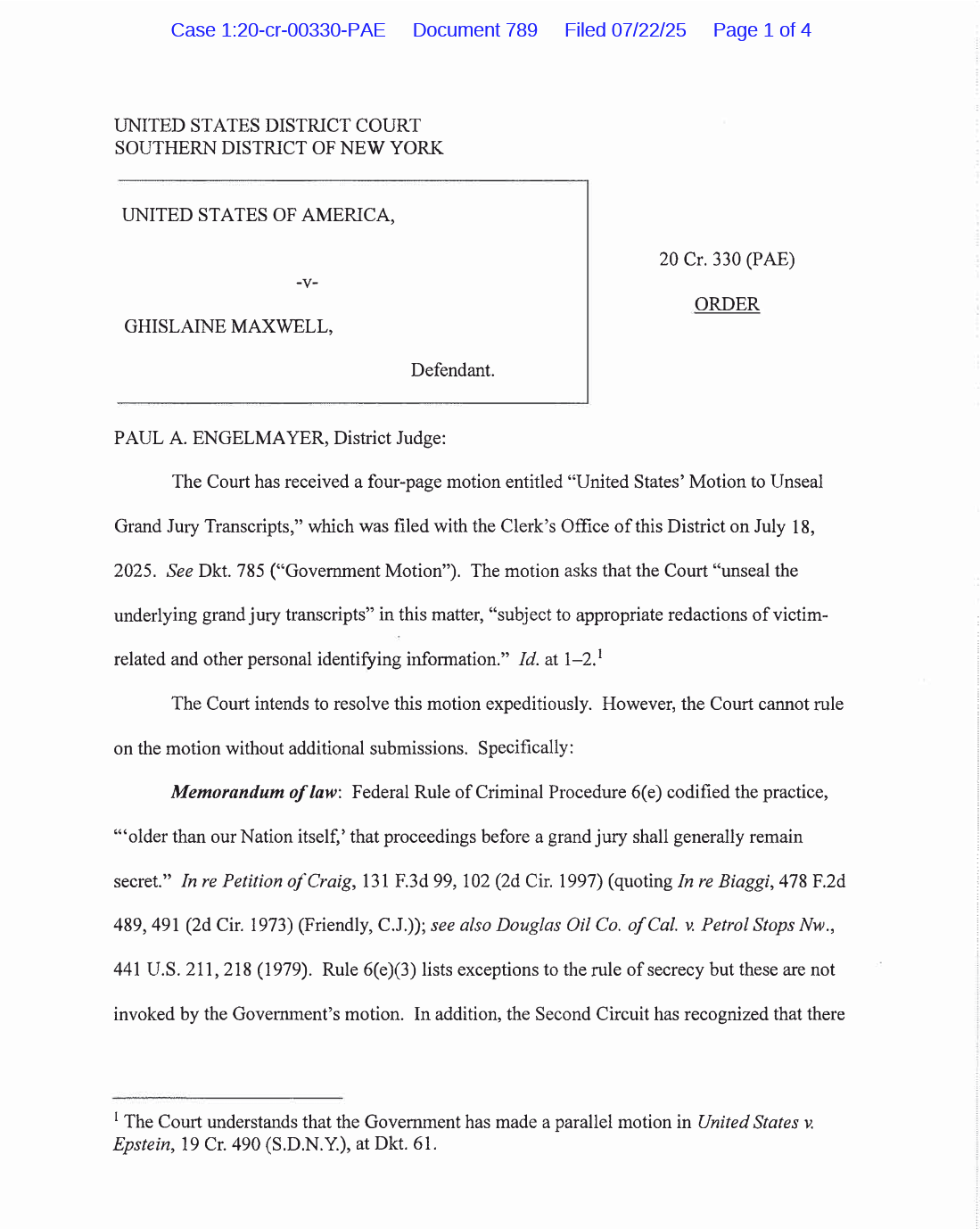 United States District Court order to unseal Ghislaine Maxwell grand jury transcripts