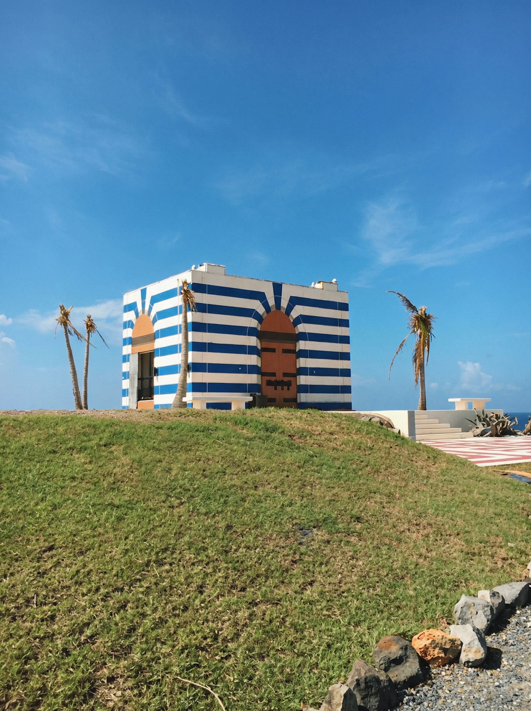 Blue and white striped temple on Little St. James Island, Epstein's private island